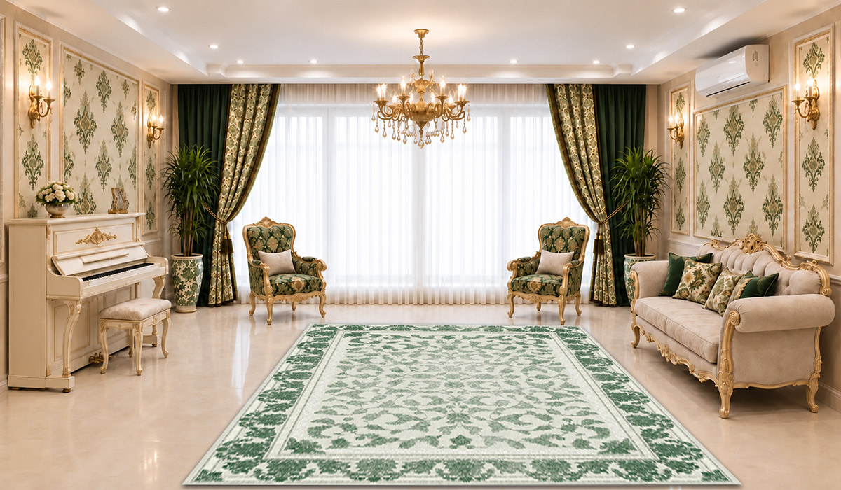 تصویر فرش عظیم&zwnj;زاده کاشان 1200 شانه کد 1700 با تراکم 3600 و رنگ کرم سبز، مناسب نمایش دقیق طرح و رنگ این محصول در فروشگاه اینترنتی دی&zwnj;فرش.