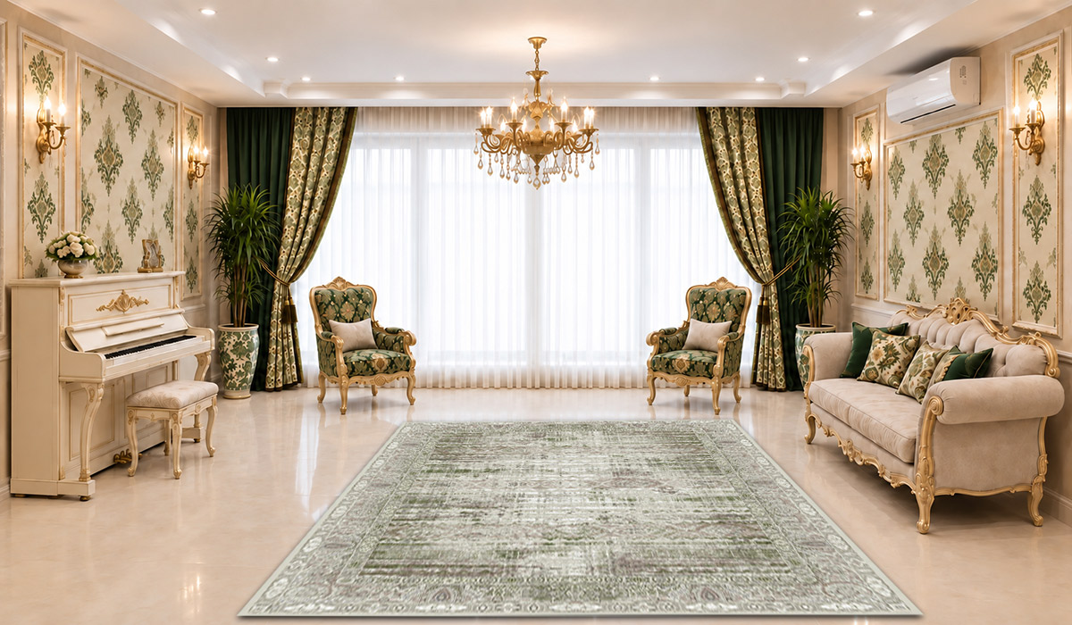 تصویر فرش عظیم&zwnj;زاده کاشان 1200 شانه کد 6 با تراکم 3600 و رنگ سبز، مناسب نمایش دقیق طرح و رنگ این محصول در فروشگاه اینترنتی دی&zwnj;فرش.