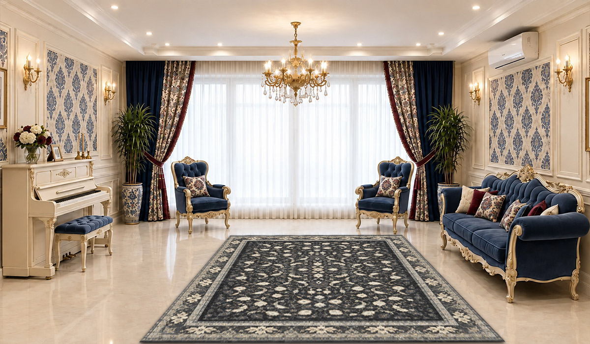 تصویر فرش عظیم&zwnj;زاده کاشان 1200 شانه طرح صدف با تراکم 3600 و رنگ دودی، مناسب نمایش دقیق طرح و رنگ این محصول در فروشگاه اینترنتی دی&zwnj;فرش.