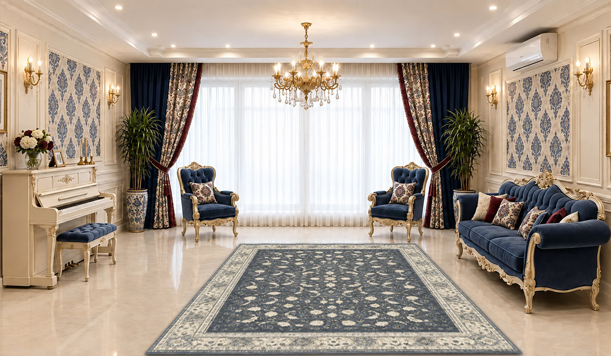 تصویر فرش عظیم&zwnj;زاده کاشان 1200 شانه طرح صدف با تراکم 3600 و رنگ دلفینی، مناسب نمایش دقیق طرح و رنگ این محصول در فروشگاه اینترنتی دی&zwnj;فرش.