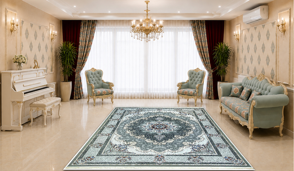 فرش نگین مشهد 700 شانه طرح لچک و ترنج کد 2624 تراکم 2550 رنگ خاکستری