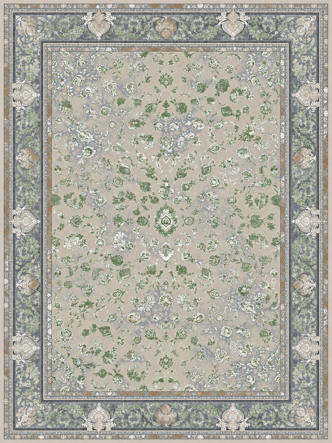 فرش عظیم‌زاده کاشان 1200 شانه کد 1500 تراکم 3600 رنگ نسکافه‌ای سبز